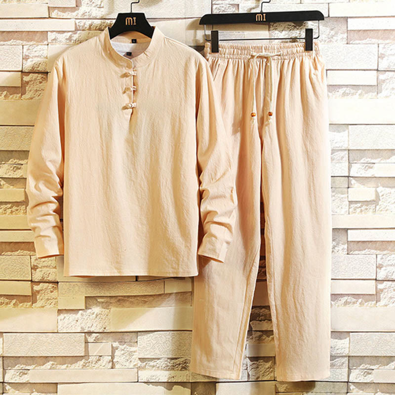Tang Suit Pure Color Frog-Button Long Sleeve Shirt Pants Cotton Men's Suit