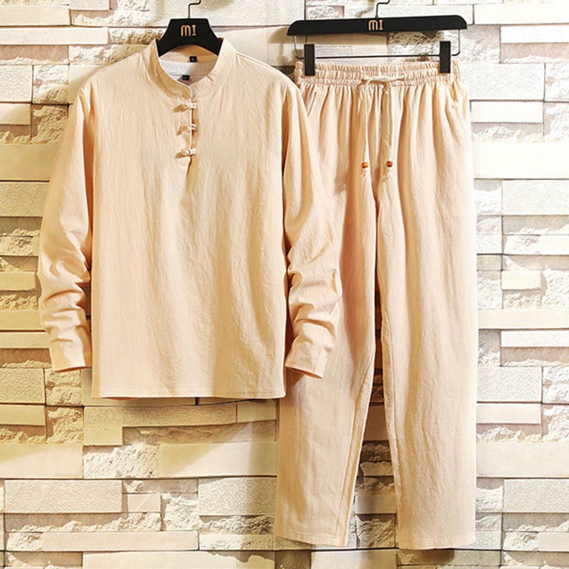 Tang Suit Pure Color Frog-Button Long Sleeve Shirt Pants Cotton Men's Suit