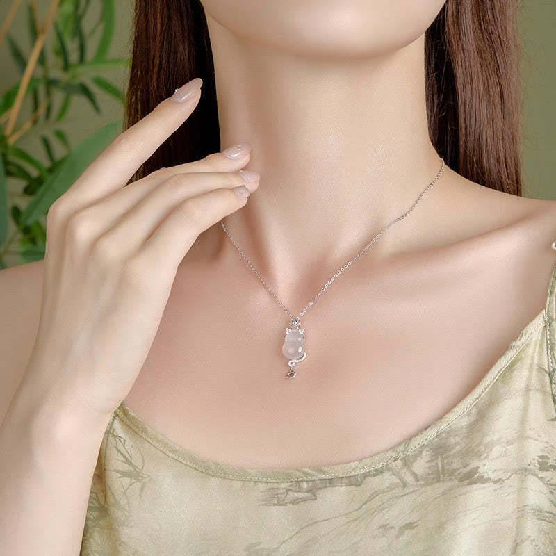 925 Sterling Silver 14k Gold White Jade Gourd Cat Protection Necklace Pendant