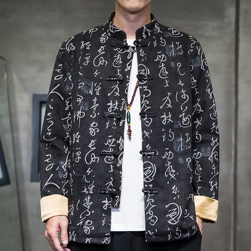 Men's Frog-button Tang Suit Chinese Calligraphy Pattern Deerskin Polyester Jacket Shirt With Pockets