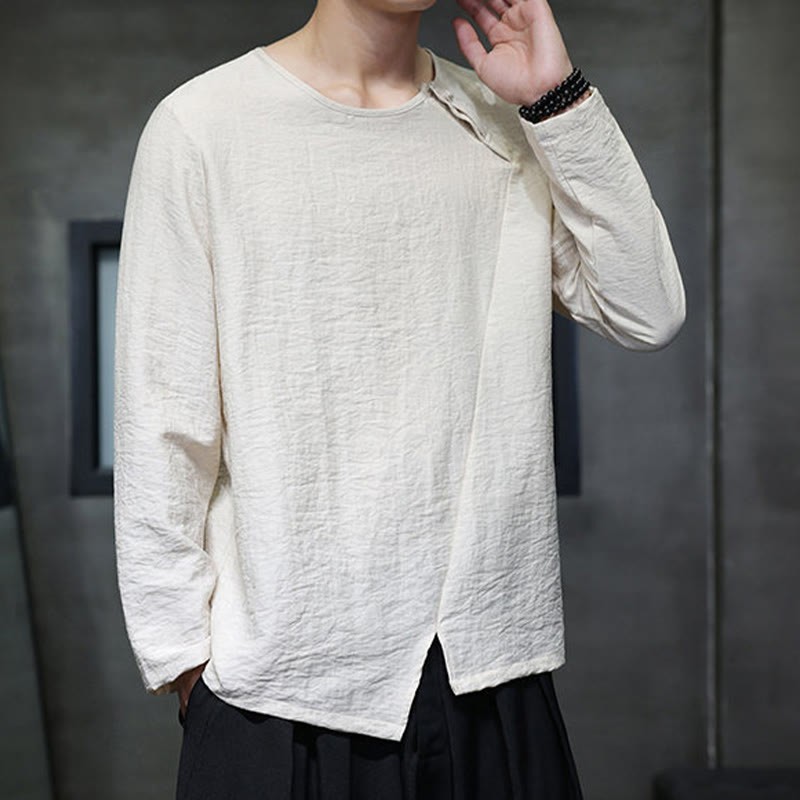 Fall Solid Round Neck Long Sleeve T-Shirt Cotton Men Clothing