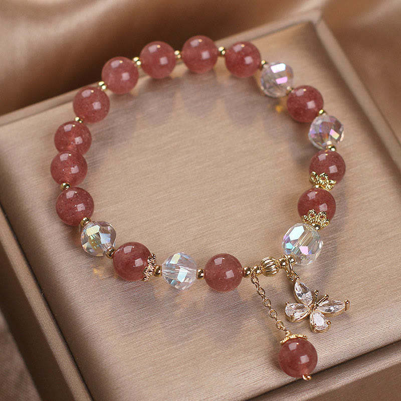 Natural Strawberry Quartz Love Healing Butterfly Charm Bracelet
