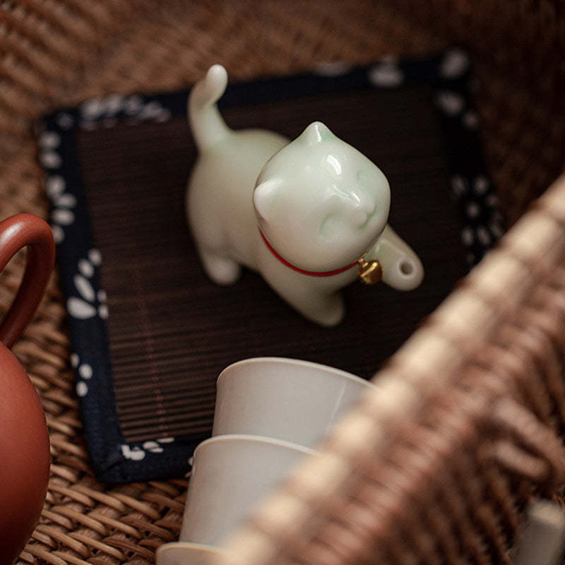 Mini Lucky Cat Kitten Tea Pet Ceramic Home Desk Figurine Decoration With Bamboo Mat