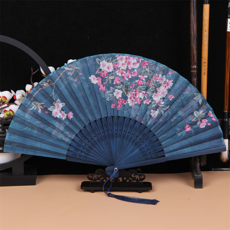 Classic Birds Singing Flowers Handheld Bamboo Folding Fan