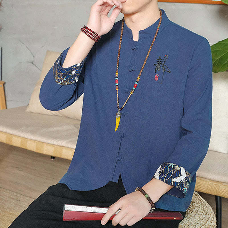 Fall Solid Long Sleeve Frog-Button Shirt Linen Men Zen Clothing