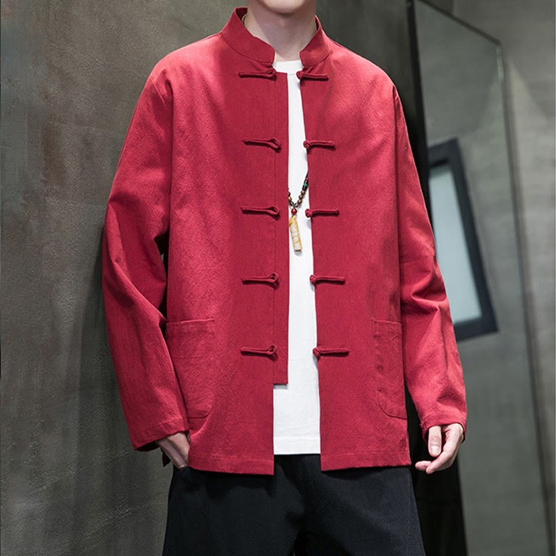 Solid Color Frog-button Tang Suit Cotton Linen Men's Jacket Shirt With Pockets