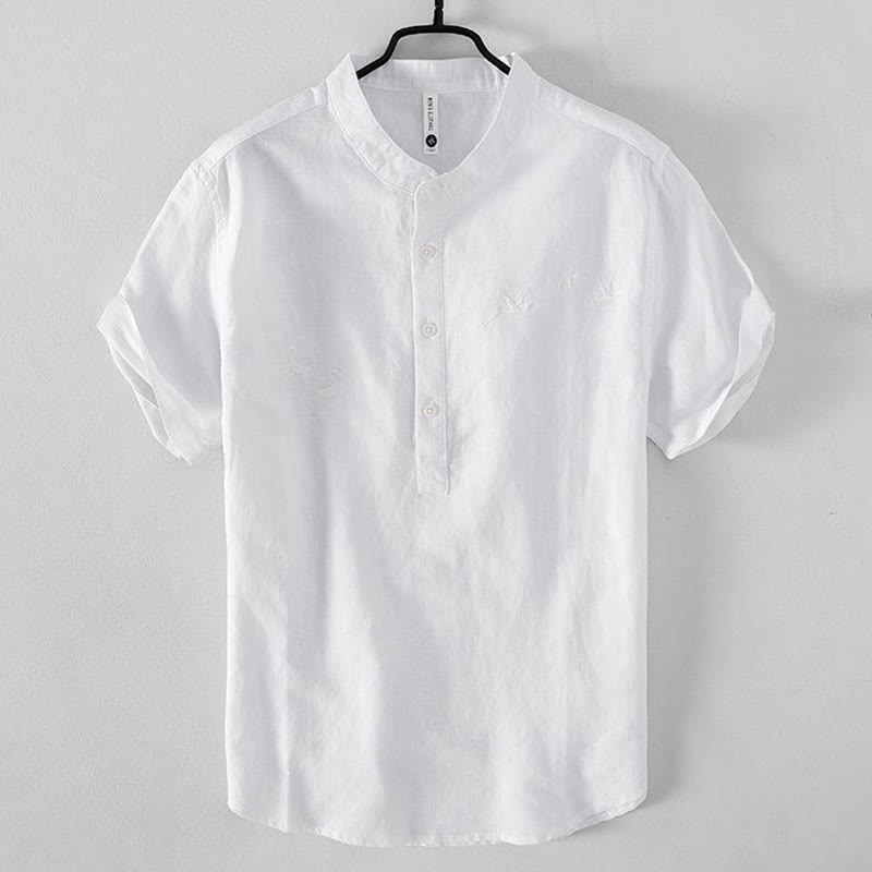 Soft Embroidery Crane Pattern Stand Collar Cotton Linen Half Button Men's Shirt