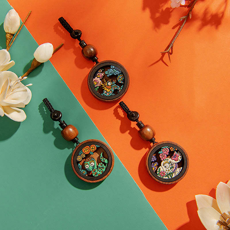 Year Of The Dragon Hand Painted Chinese Zodiac Rosewood Carved Calm Key Chain