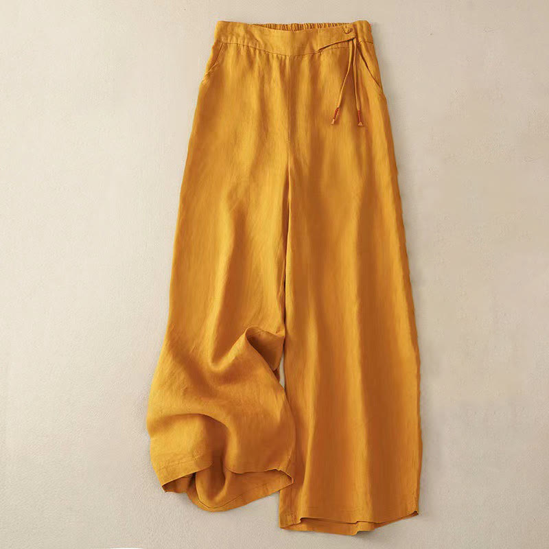 Casual Solid Color One Button Cotton Linen Women's Wide Leg Pants With Pockets