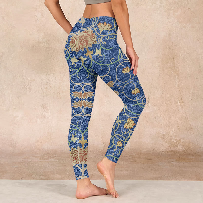 Lotus Flowers Print Gym Leggings Women's Yoga Pants