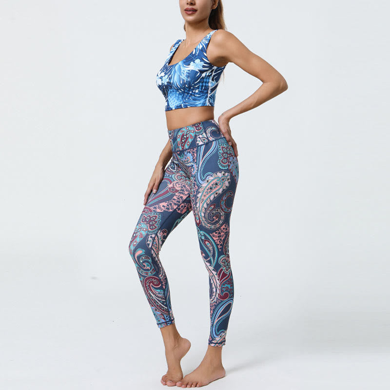Flowers Feathers Sun Moon Print Sports Fitness Yoga High Waist Leggings Women's Pants