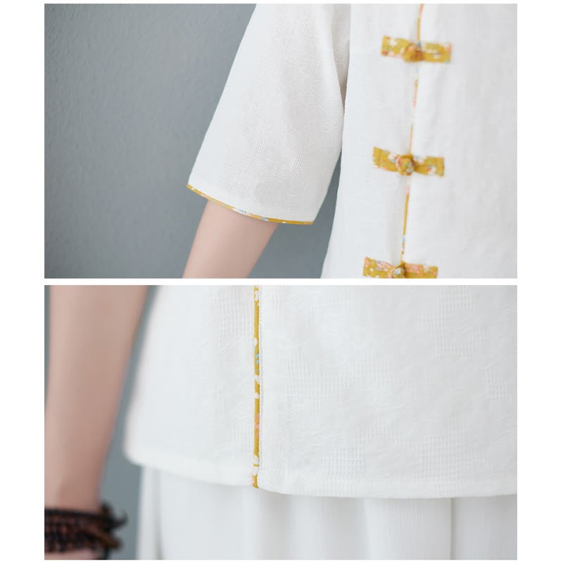 Floral Pattern Frog-Button Half Sleeve Cotton Linen Shirt