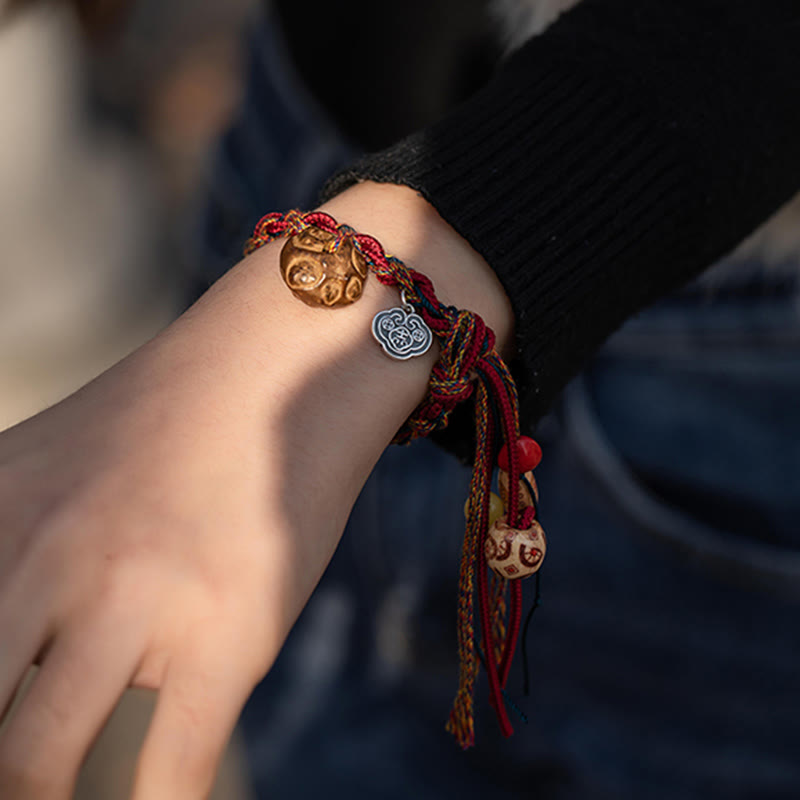 Tibetan Handmade Colorful Thread 925 Sterling Silver Koi Fish Protection Strength String Bracelet