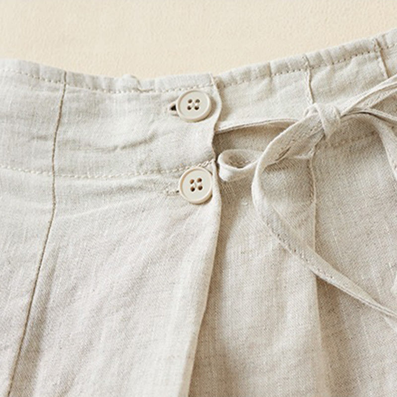 Solid Color Two Buttons Lace-up Cotton Linen Women's Shorts With Pockets