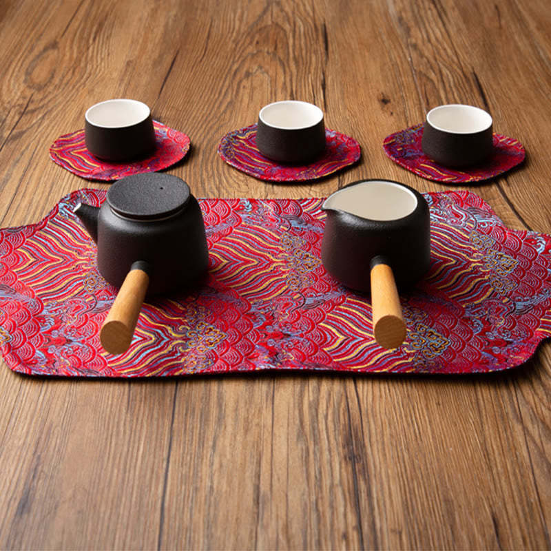 Sea Wave Bamboo Plum Blossom Brocade Embroidery Cup Mat Pad Tea Cup Coaster Kung Fu Tea Mat