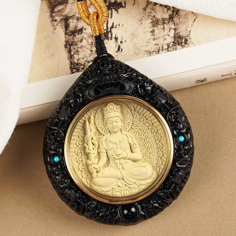 Chinese Zodiac Avalokitesvara Small Leaf Red Sandalwood Ebony Longevity Necklace Pendant