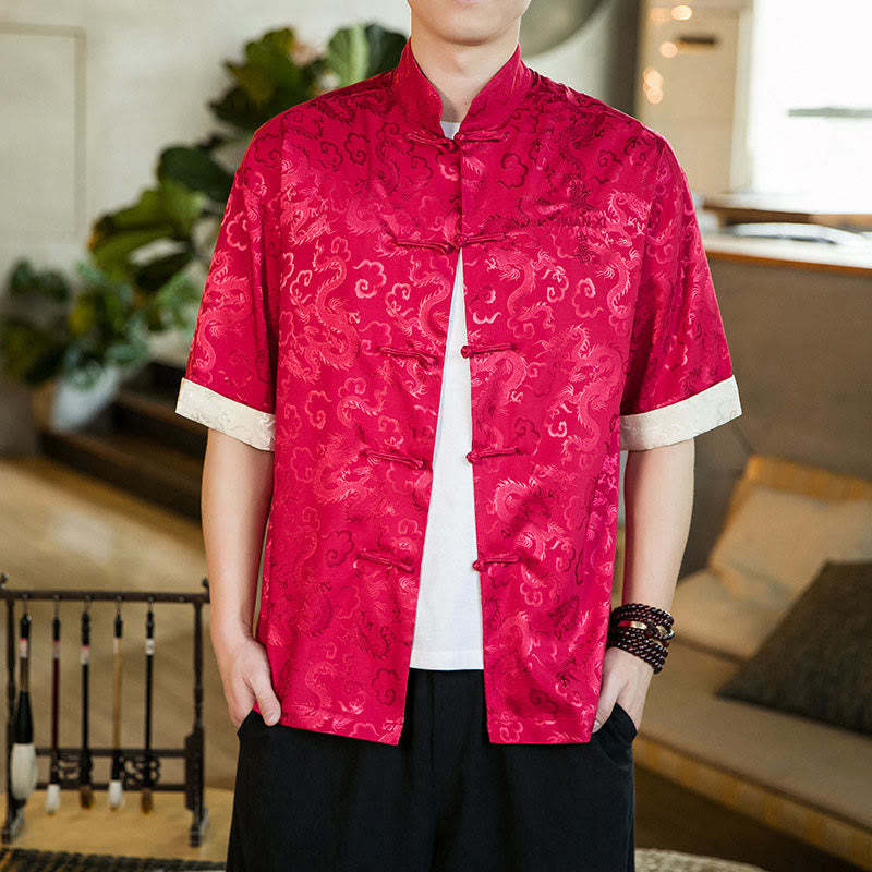 Chinese Tang Suit Frog-button Dragon Print Men's Half Sleeve Shirts