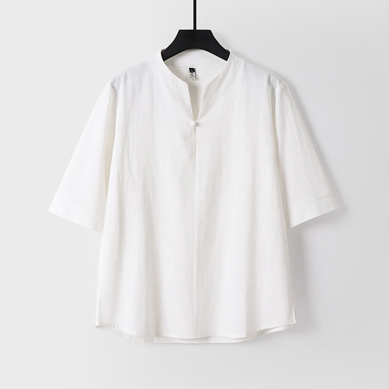 Plain Color Three Quarter Sleeve One Button Cotton Linen Men's Shirt