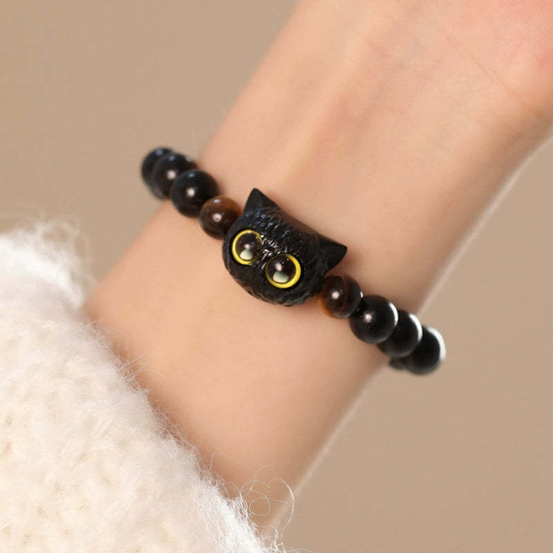 Cute Ebony Wood Cat Head Pattern Peace Bracelet