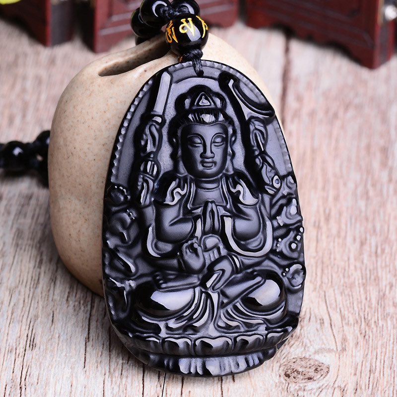 Chinese Zodiac Obsidian mystic zen Amulet Protection Pendant Necklace