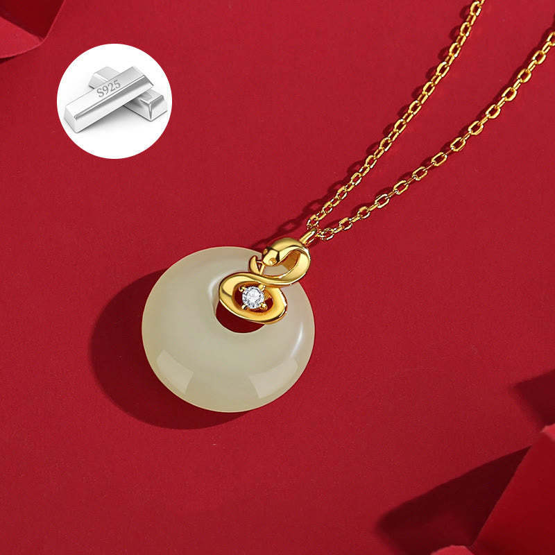 925 Sterling Silver Hetian Jade Year Of The Snake Peace Buckle Blessing Necklace Pendant