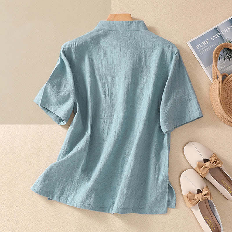 Plum Blossom Embroidery Frog-Button Short Sleeve Cotton Linen Shirt