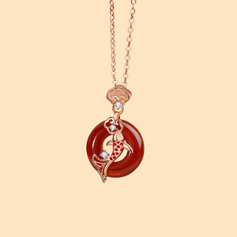 Red Agate 925 Sterling Silver Ruyi Lock Koi Fish Peace Buckle Calm Necklace Pendant