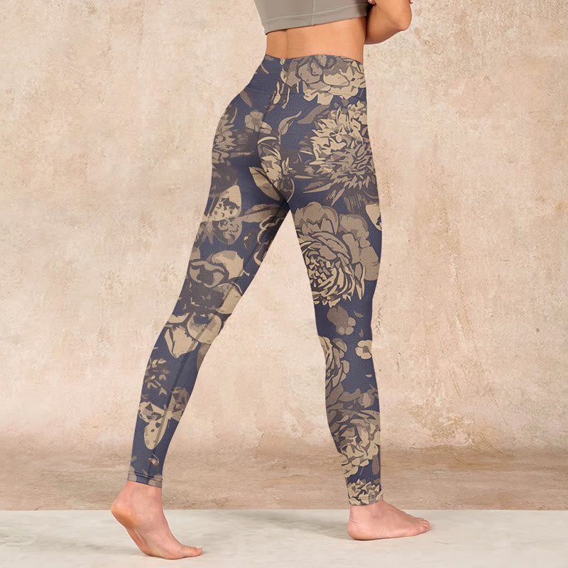 Peony Flowers Leaves Blossom Print Gym Fitness Leggings Women's Yoga Pants