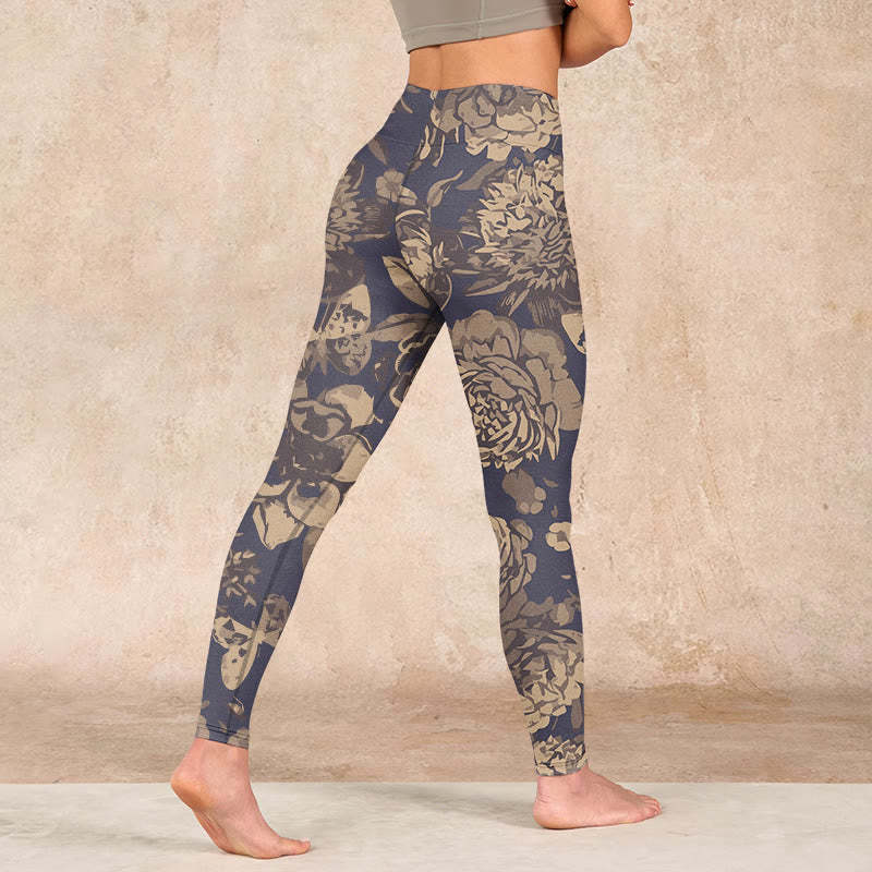 Peony Flowers Leaves Blossom Print Gym Fitness Leggings Women's Yoga Pants