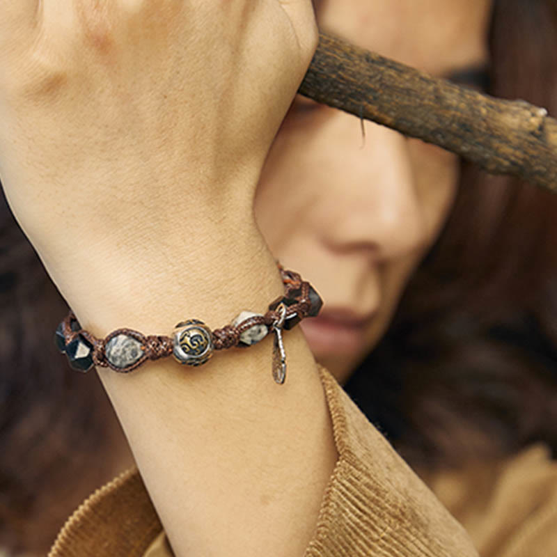 Retro 925 Sterling Silver Silver Sheen Obsidian Transport Rope Handmade Braided Bracelet