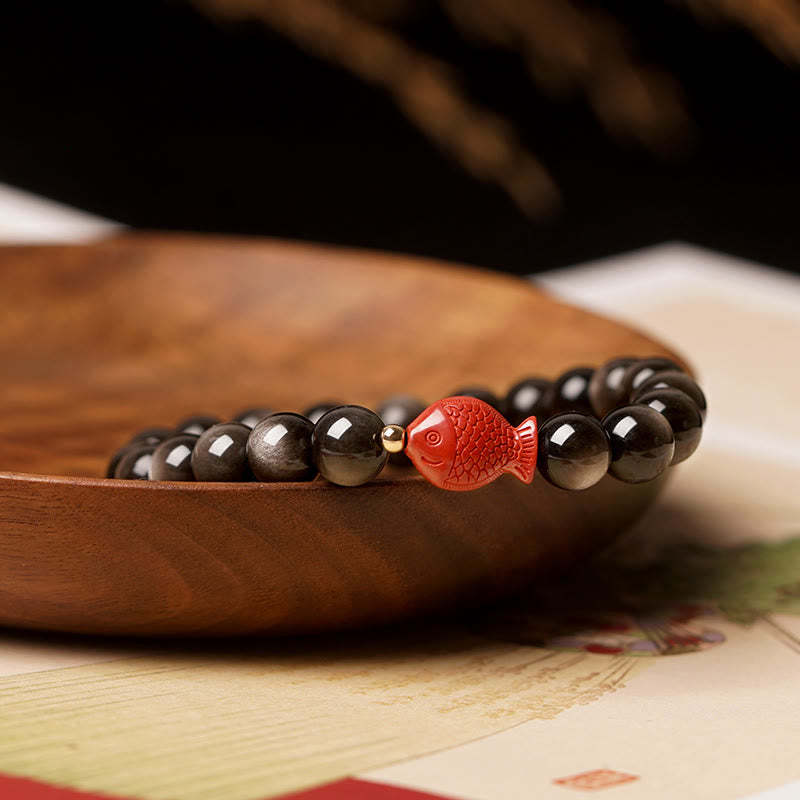 Natural Silver Sheen Obsidian Cinnabar Koi Fish Soothing Protection Bracelet