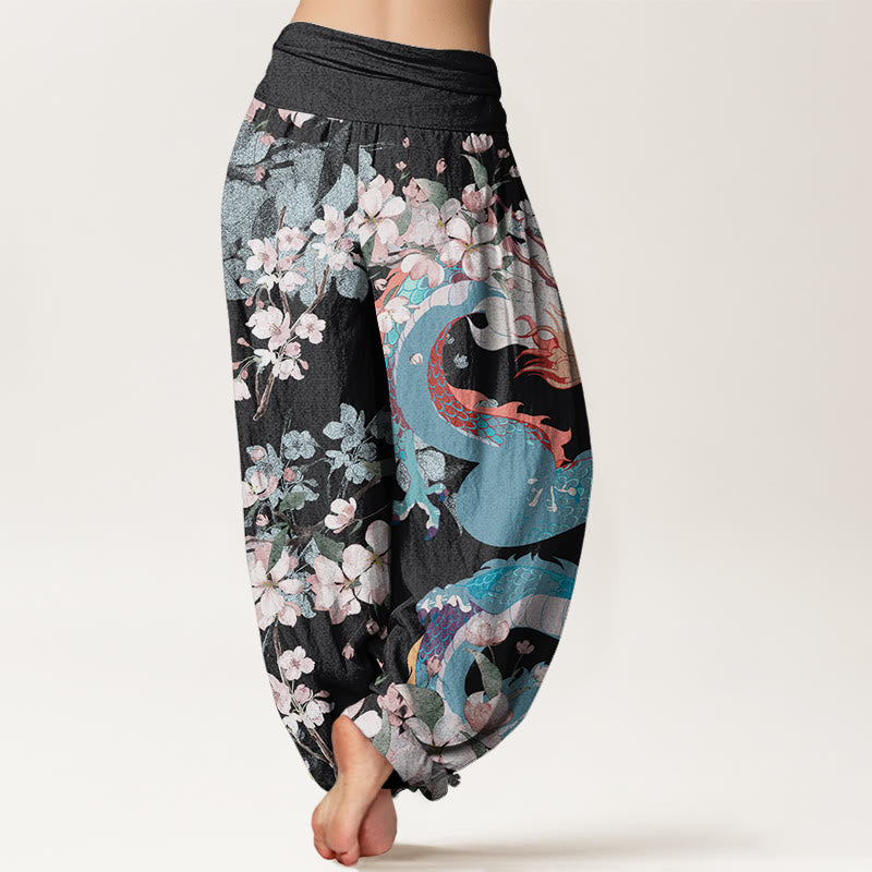 Casual Dragon Cherry Blossoms Women's Elastic Waist Harem Pants