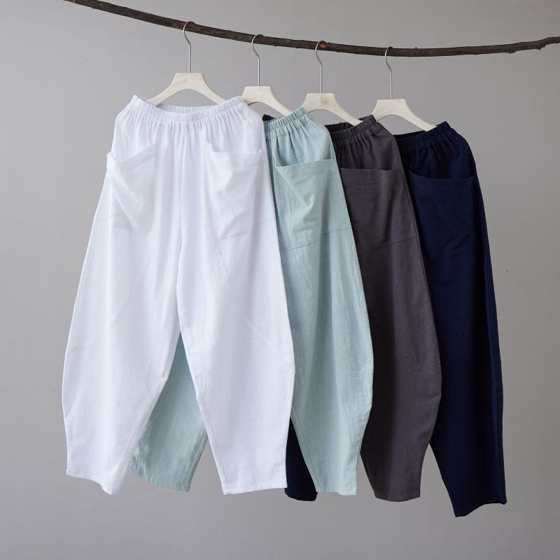 Solid Color Cotton Ramie Linen Men's Elastic Waist Harem Pants With Pockets