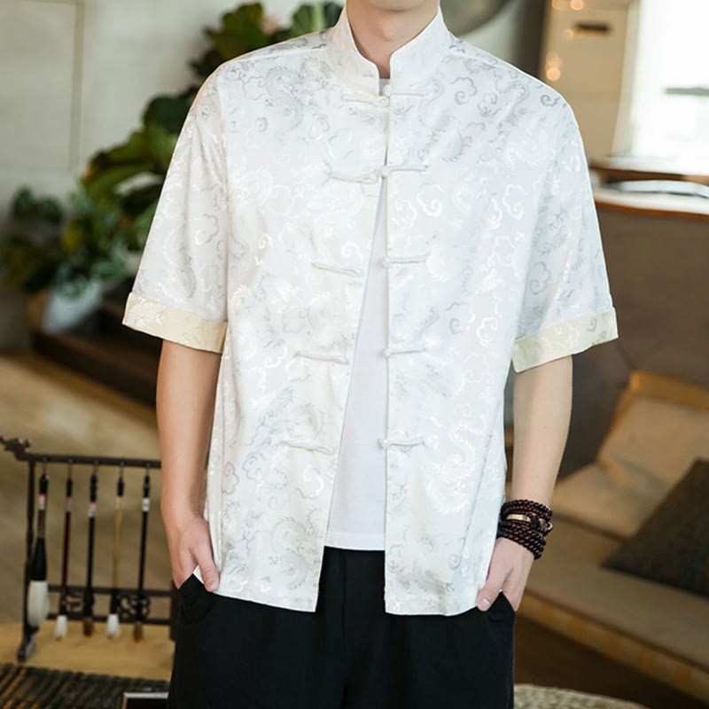 Chinese Tang Suit Frog-button Dragon Print Men's Half Sleeve Shirts