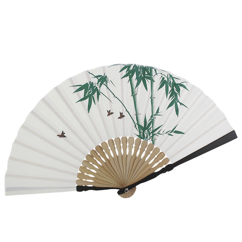 Bamboo Koi Fish Crane Handheld Cotton Linen Folding Fan