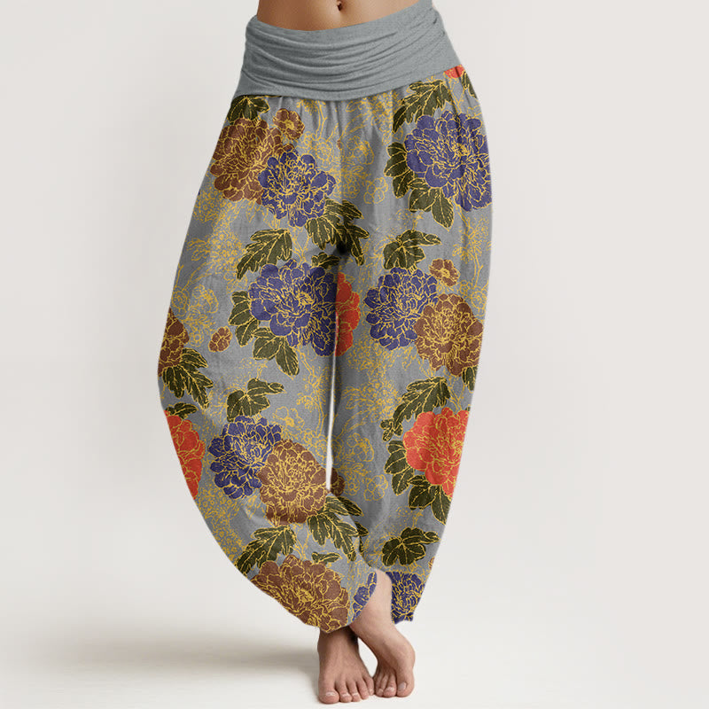Peony Flowers Leaves Design Women's Elastic Waist Harem Pants