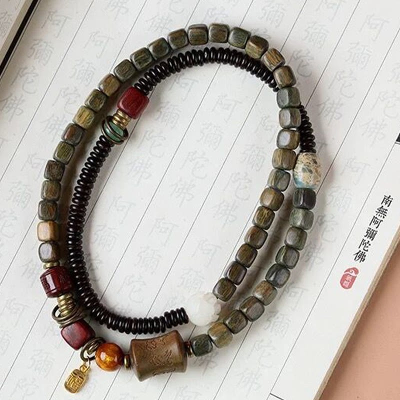 Green Sandalwood Ebony Om Mani Padme Hum Engraved Peace Triple Wrap Bracelet