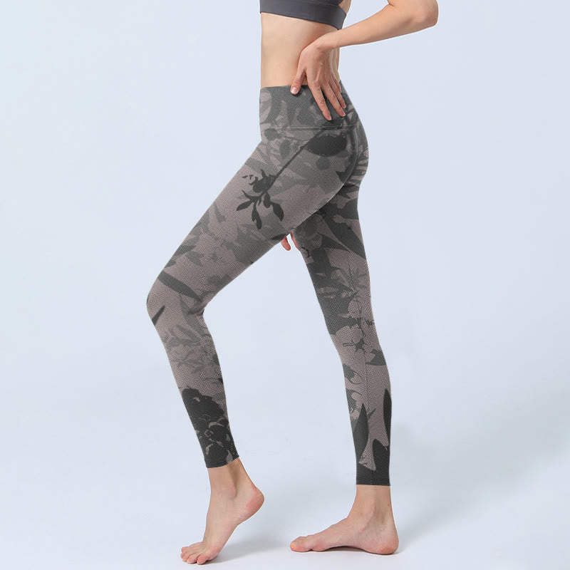 Gray Leaves Print Gym Leggings Women's Yoga Pants