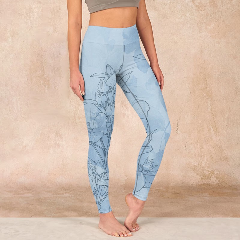 Blue Flower Sketch Print Sports Leggings Women's Yoga Pants
