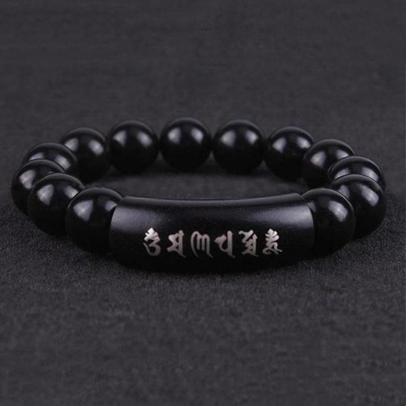 999 Sterling Silver Ebony Wood Om Mani Padme Hum Inlaid Balance Bracelet