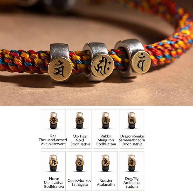 Handmade Tibetan 925 Sterling Silver Chinese Zodiac Natal mystic zen Zakiram Goddess of Wealth Protection Multicolored Rope Braided Bracelet