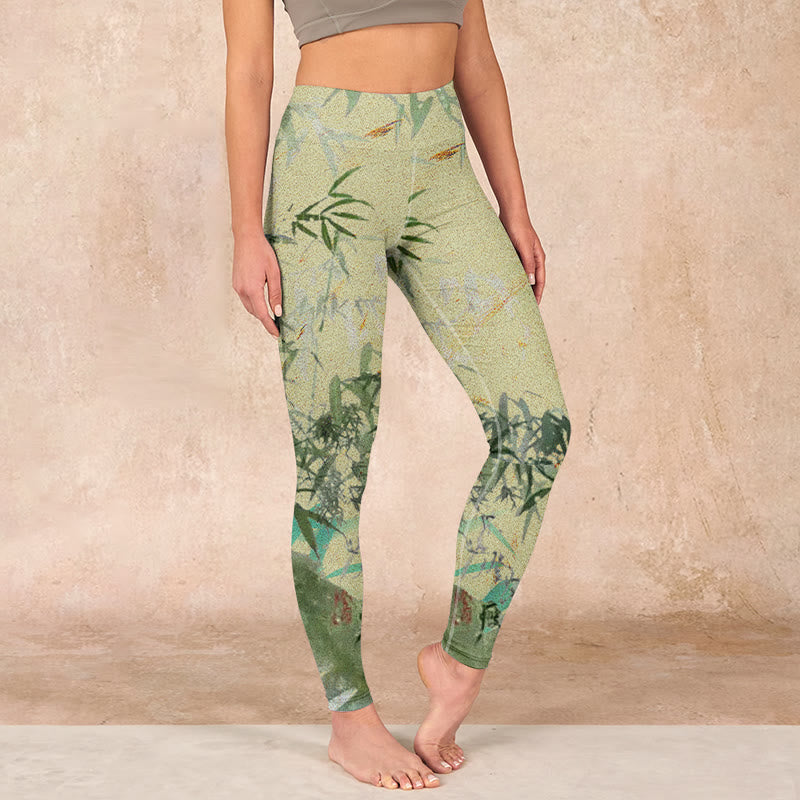 Bamboo Print Lycra Fabric Fitness Leggings Women's Yoga Pants