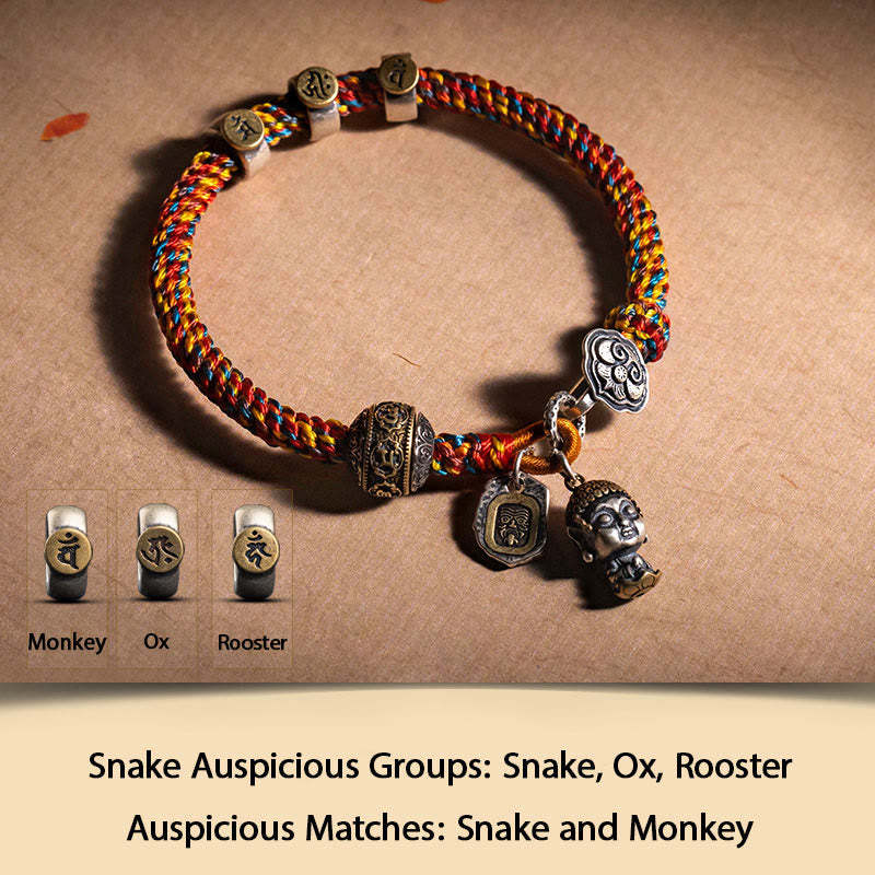 Handmade Tibetan 925 Sterling Silver Chinese Zodiac Natal mystic zen Zakiram Goddess of Wealth Protection Multicolored Rope Braided Bracelet