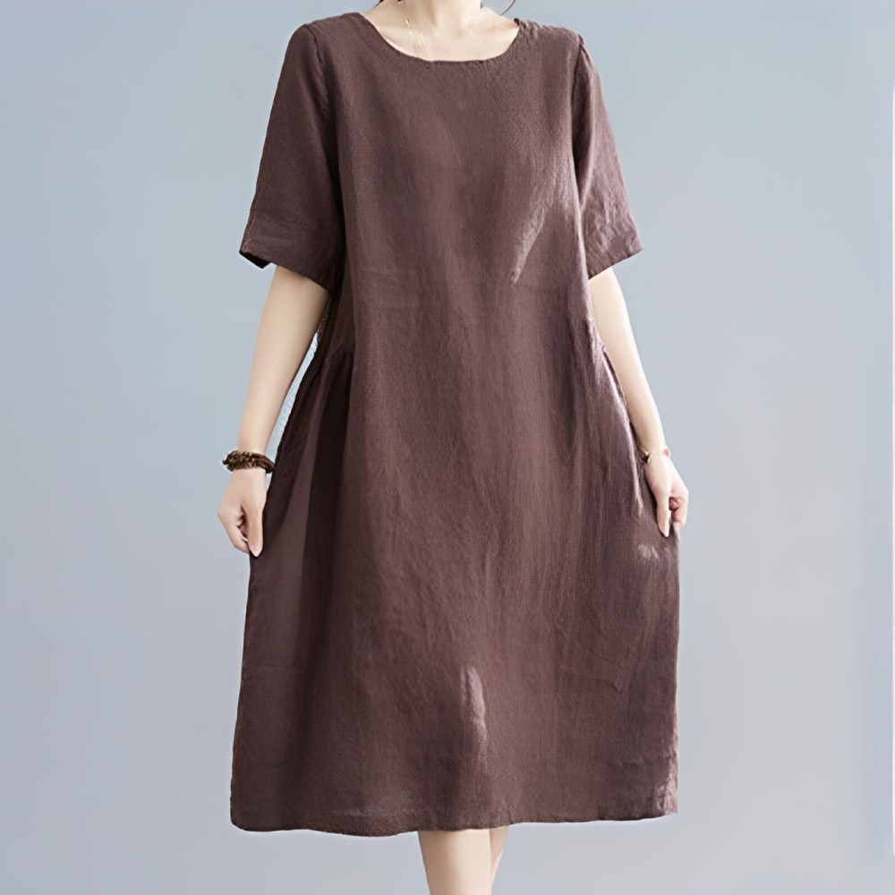 Casual Loose Solid Color Cotton Linen Crew Neck Half Sleeve Design Midi Dress With Pockets