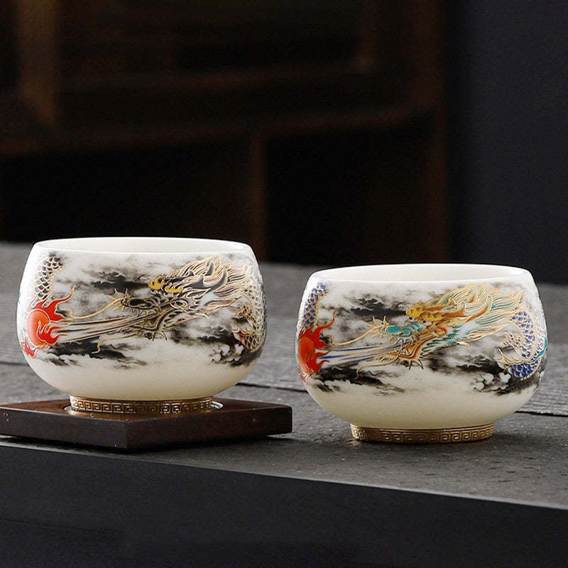 Dragon Playing With Pearl Design White Porcelain Ceramic Teacup Kung Fu Tea Cup 160ml