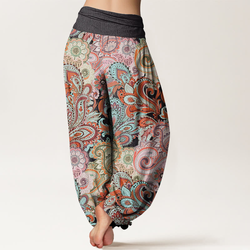 Colorful Cashew Flower Pattern Design Women's Elastic Waist Harem Pants