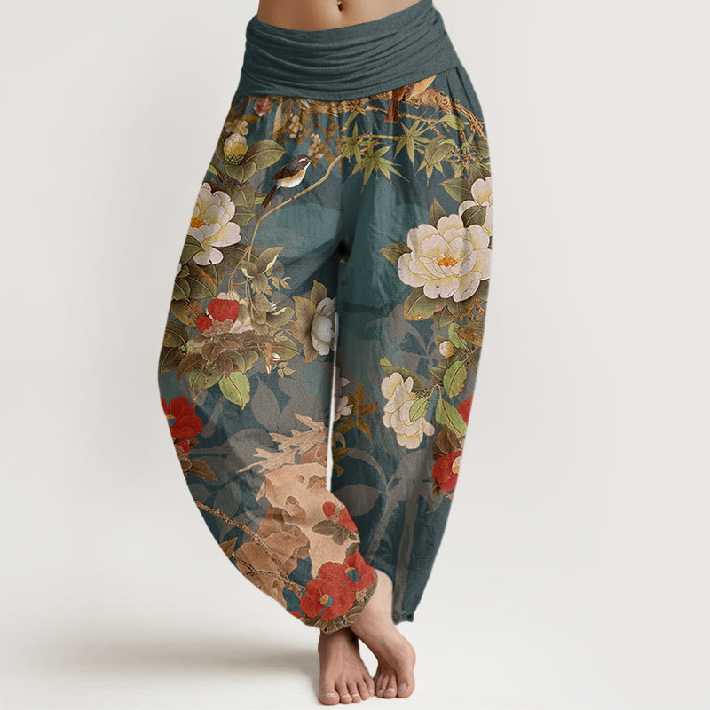 Casual Peony Flowers Leaves Magpie Women's Elastic Waist Harem Pants