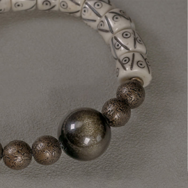 Tibetan Yak Bone Gold Sheen Obsidian Brass Bead Strength Bracelet
