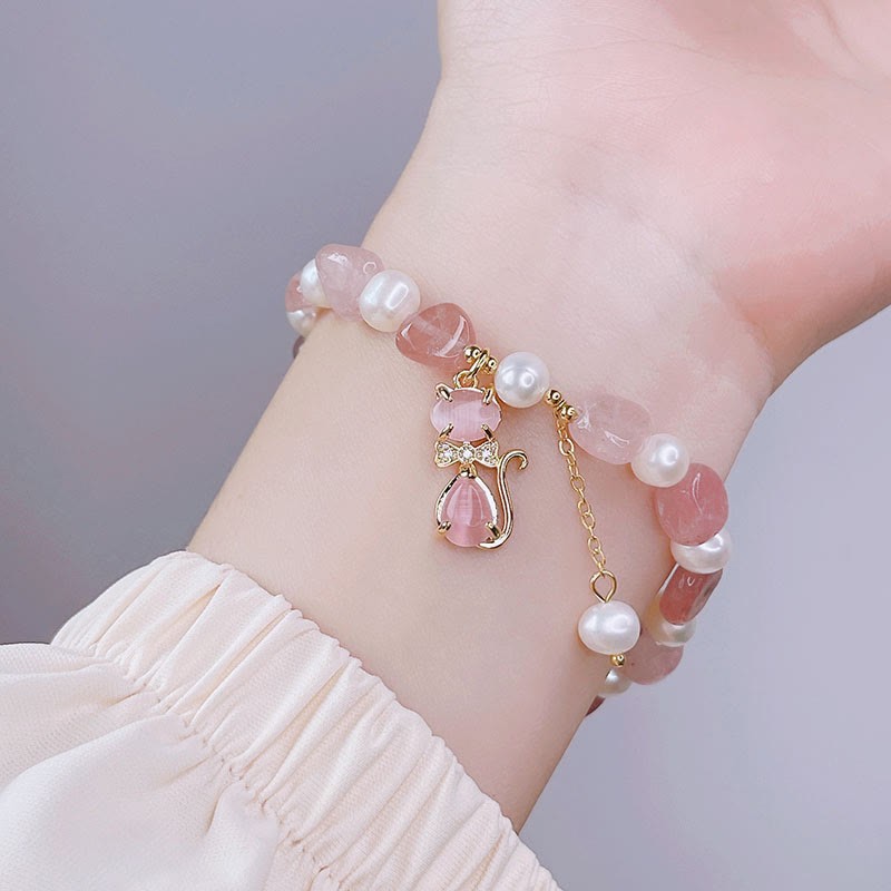 Natural Strawberry Quartz Pearl Cat Positive Bracelet