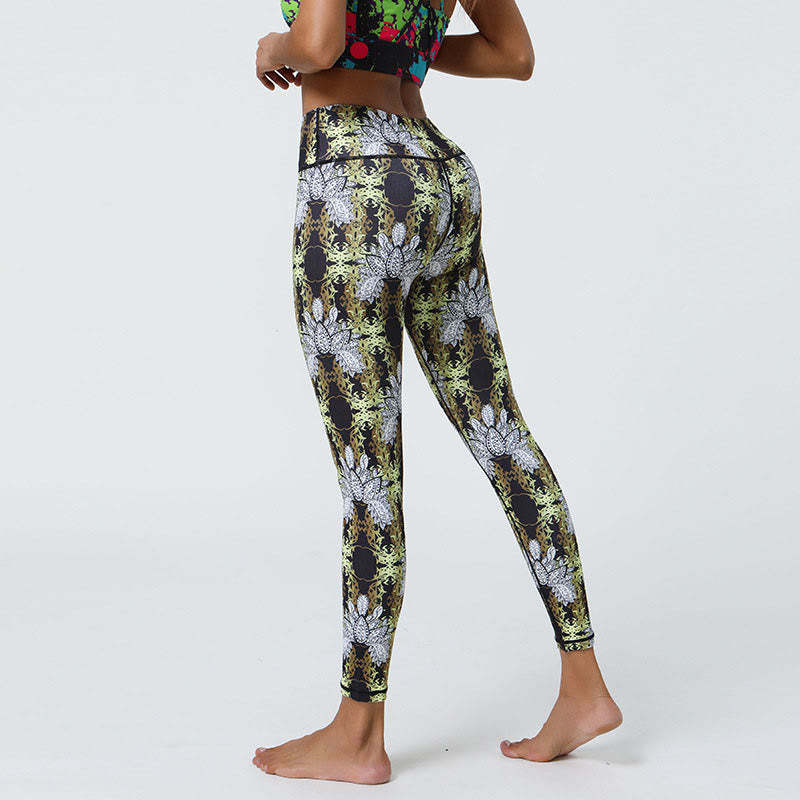 Flowers Geometric Mandalas Print Sports Fitness Yoga High Waist Leggings Women's Pants